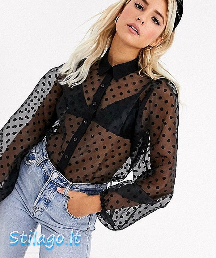 New Look mesh mesh blouse met ballonmouwen in zwarte stippen