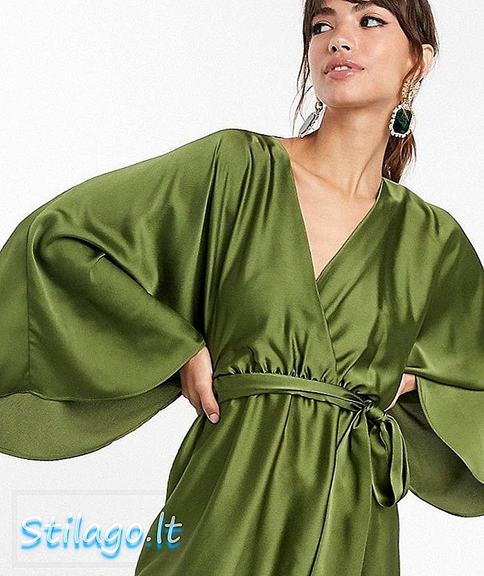ASOS DESIGN satin top med kimono ærme og slips i taljen-Grøn