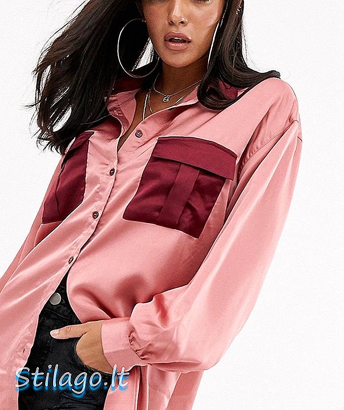 Голяма сатенена риза с размазана ръкавица с контрастни джобове в розово
