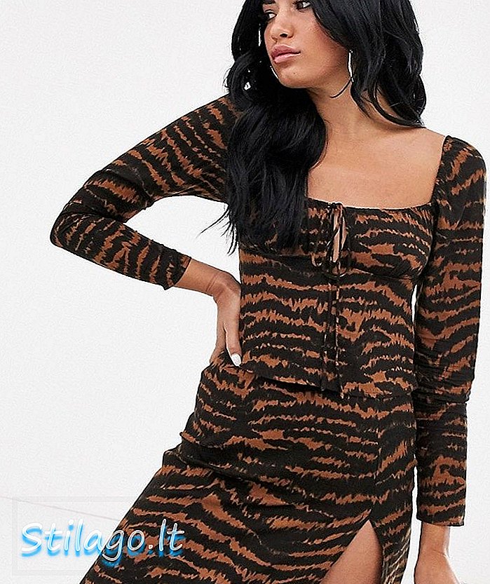 Motel Langarm Milkmaid Top mit Krawattenfront in Tiger Print-Brown