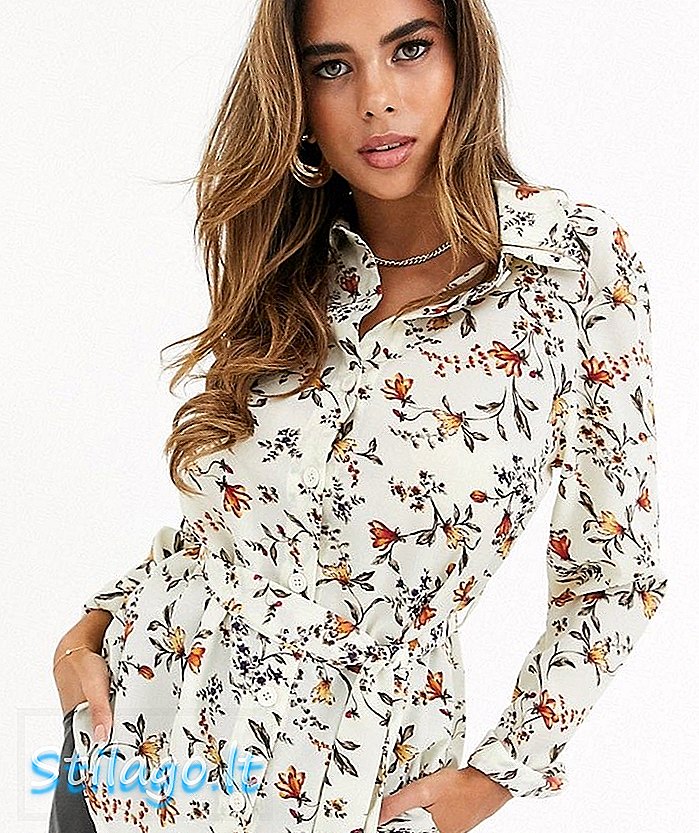 Missguided belted shirt in cream floral print