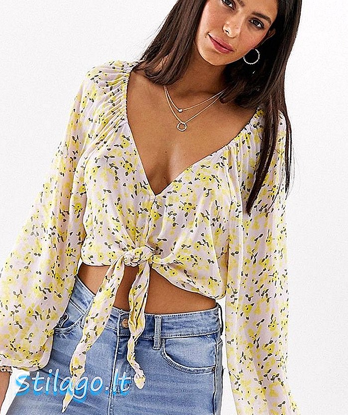 River Island cropped blouse met geknoopte voorkant en bloemenprint-paars