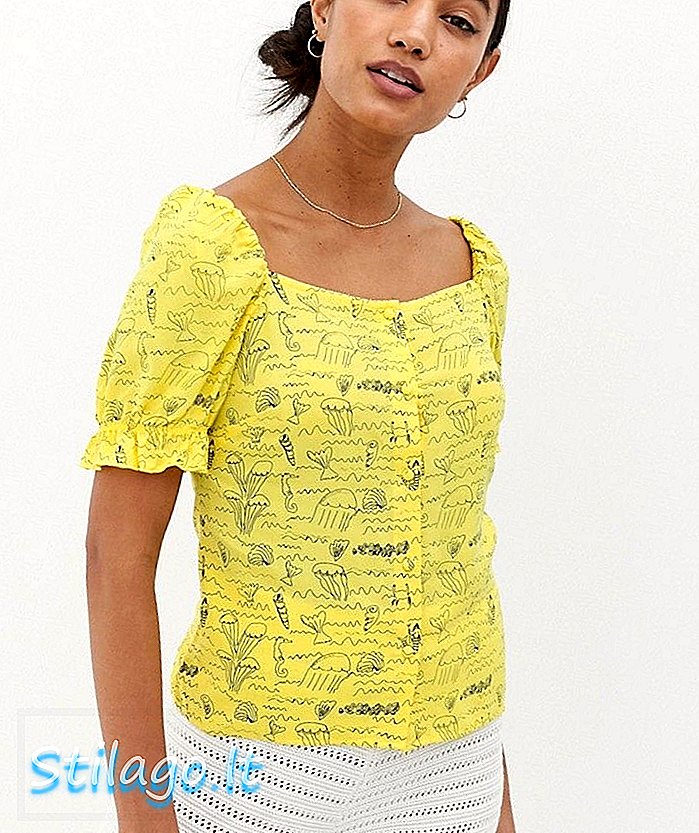 Blusa con manga de hojaldre Warehouse x Camarones en estampado amarillo