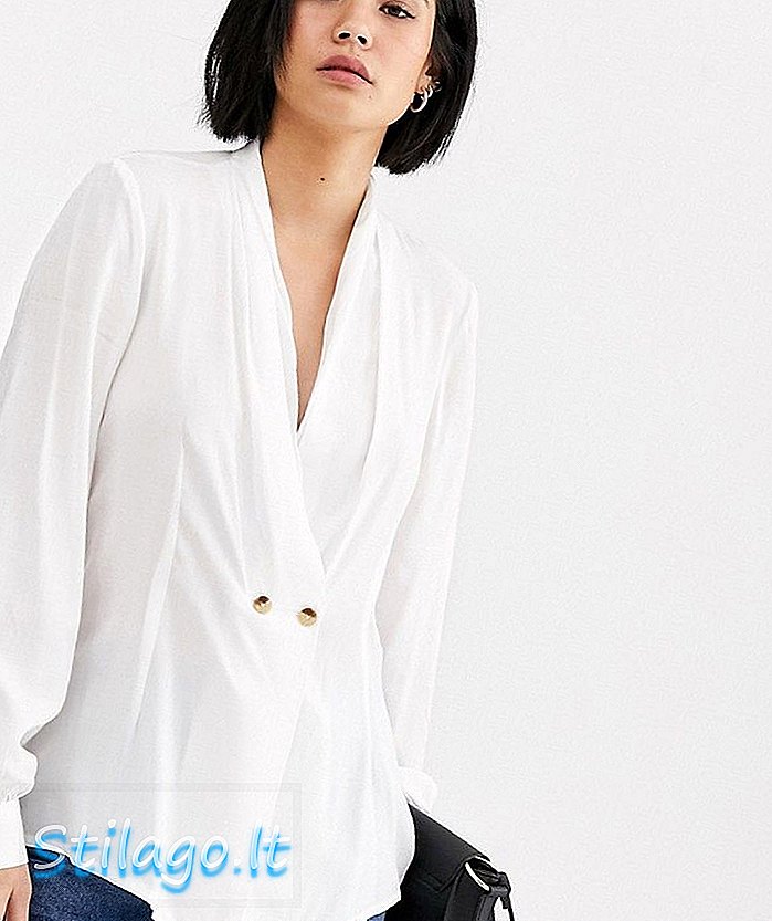 Επιλεγμένο πουκάμισο με διπλό στήθος Femme με βαθύ λαιμόκοψη-Λευκό