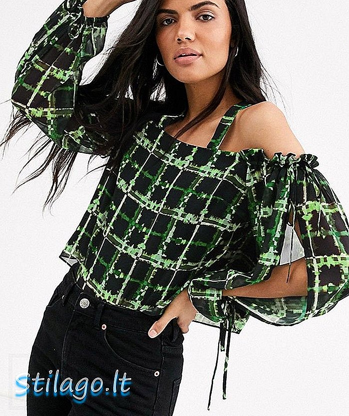 Top de ombro frio de tinta perdida em neon grid print-Multi