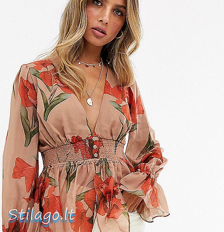 Skylar Rose Blusa frontale a tuffo con arricciature in stampa orchidea-Tan