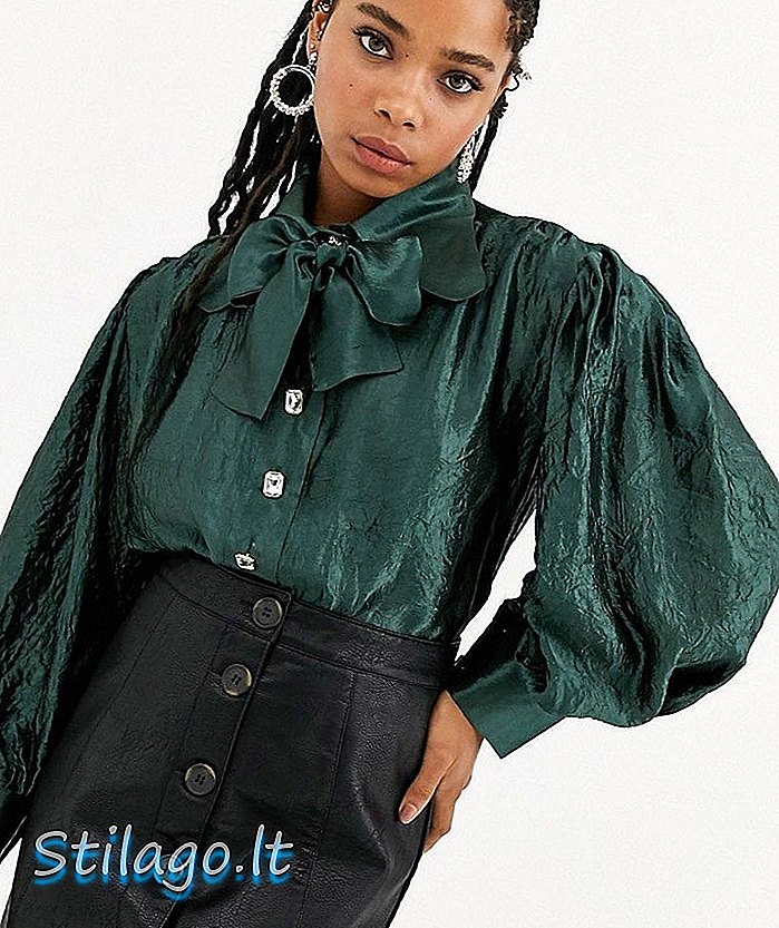Objętość bluzki Dream Sister Jane z kokardowym kołnierzem z metalicznej marszczonej tkaniny w kolorze zielonym