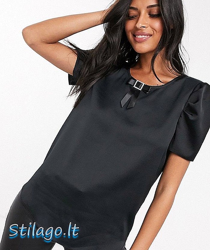 Атласна блузка з коротким рукавом Рівер-Айленд з деталями з бантиком у чорному кольорі