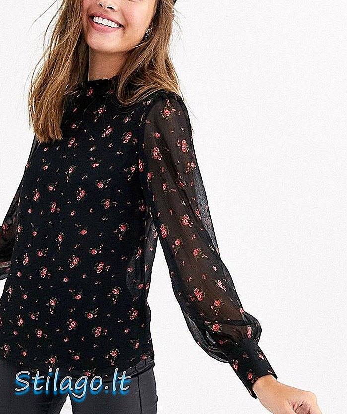 New Look блуза с високо деколте в флорален дит принт-Черна