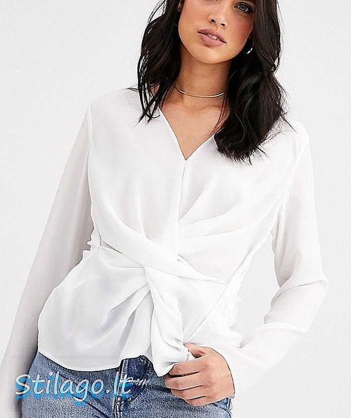 ASOS DESIGN - Top a manica lunga con scollo a V e drappeggio a rotazione frontale-bianco