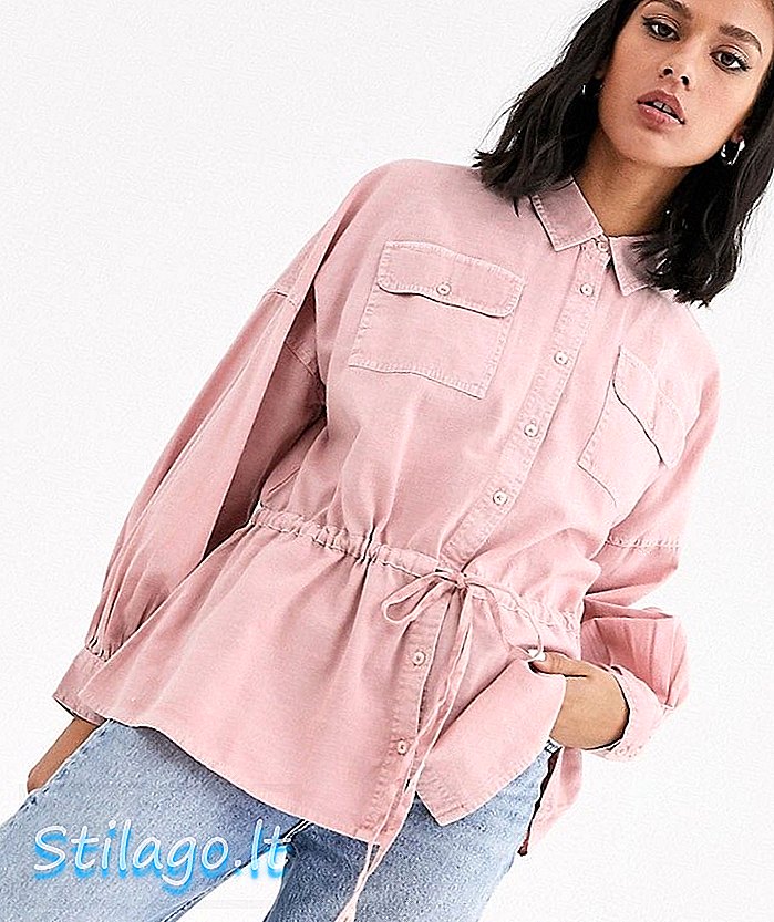 ASOS DESIGN yıkanmış uzun kollu gömlek kravat bel-Pembe