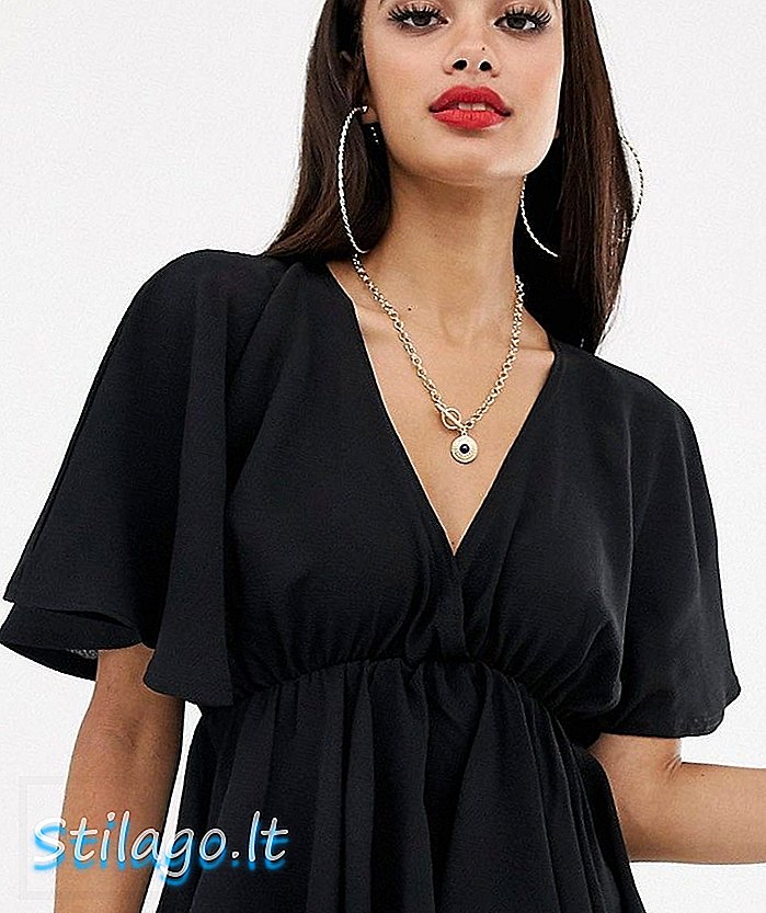 PrettyLittleThing Basic Plunge Peplum Top mit Engelsärmel in Schwarz