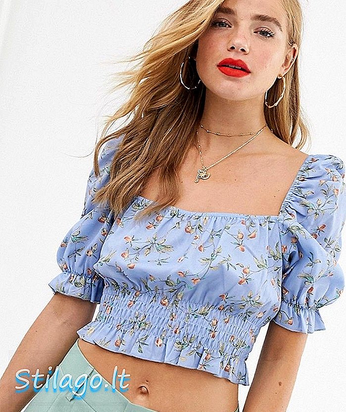 Top con volantes fruncidos en la manga Puff In The Style x Laura Jade en azul floral-Multi