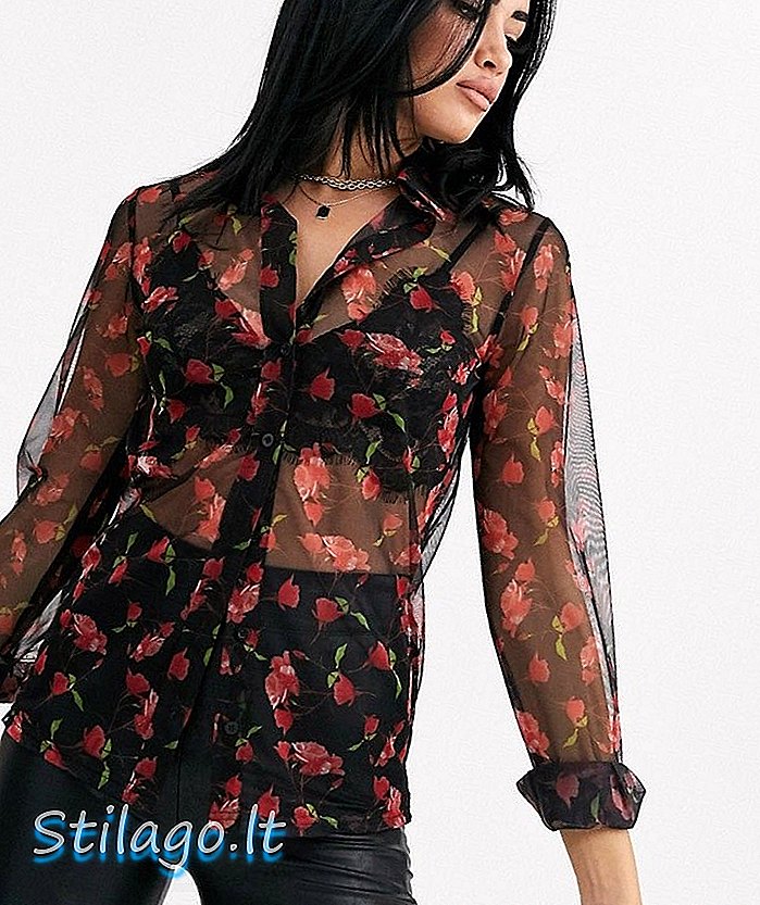 Baju mesh PrettyLittleThing dengan bunga hitam-Multi