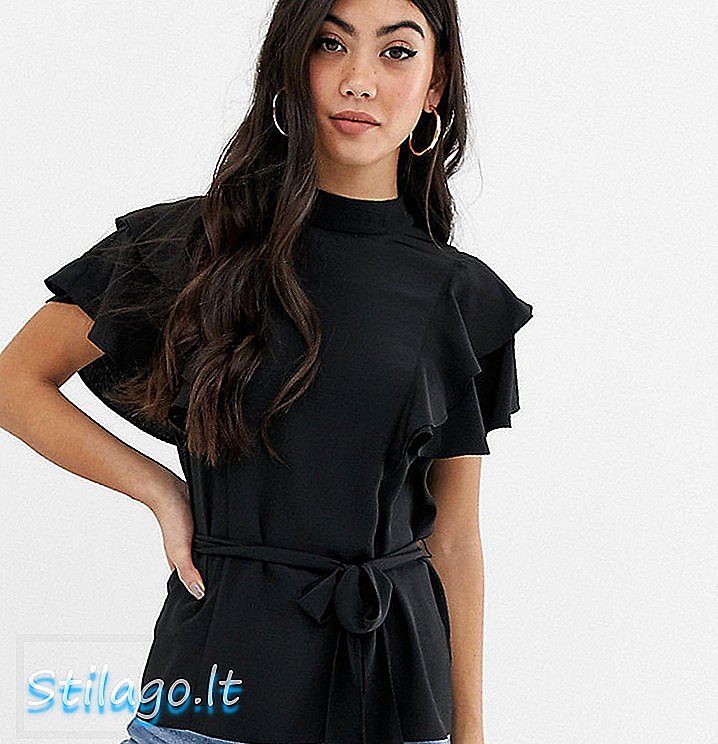 ASOS DESIGN Petite belted top leher tinggi dengan lengan ruffle-Hitam