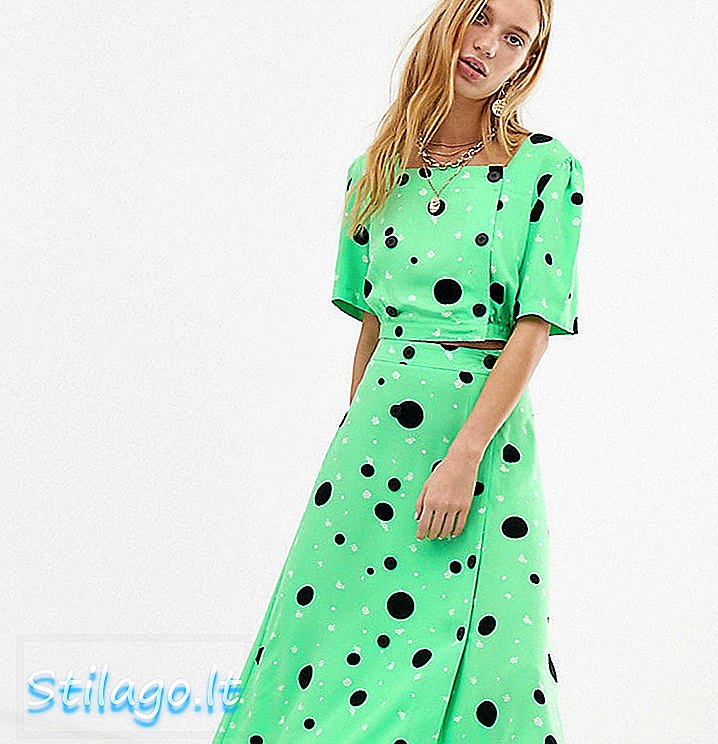 Lấy lại váy midi phối lấy cảm hứng từ Vintage với nút phía trước in điểm nổi bật-Green