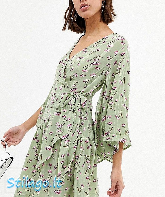 שמלת גלישת שרוול קימונו פרחונית ייחודית21 - ירוק