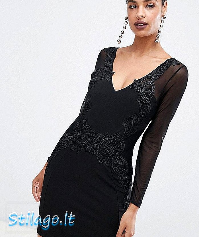 Lipsy Langarm-Bodycon-Kleid mit Spitzenbesatz in Schwarz