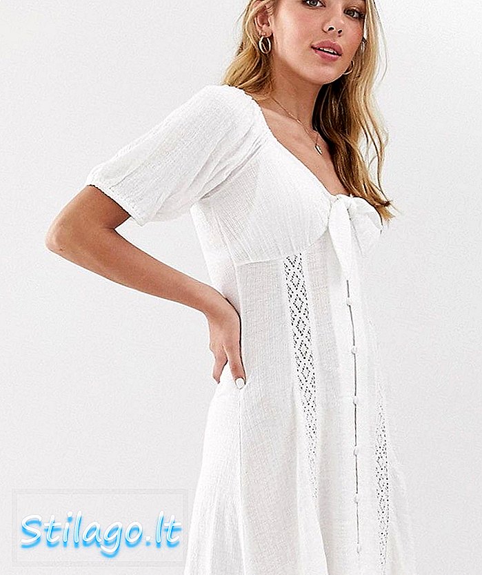 الزر الأمامي ASOS DESIGN من خلال فستان الشمس مع نفخة الأكمام - أبيض