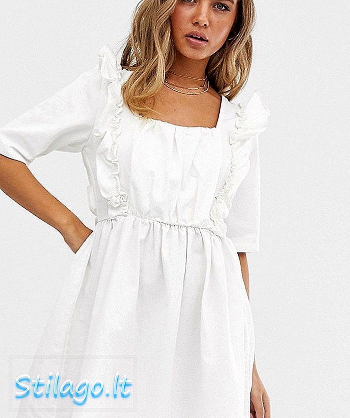 Vestido estilo camisola con volantes y cuello cuadrado en blanco de ASOS DESIGN