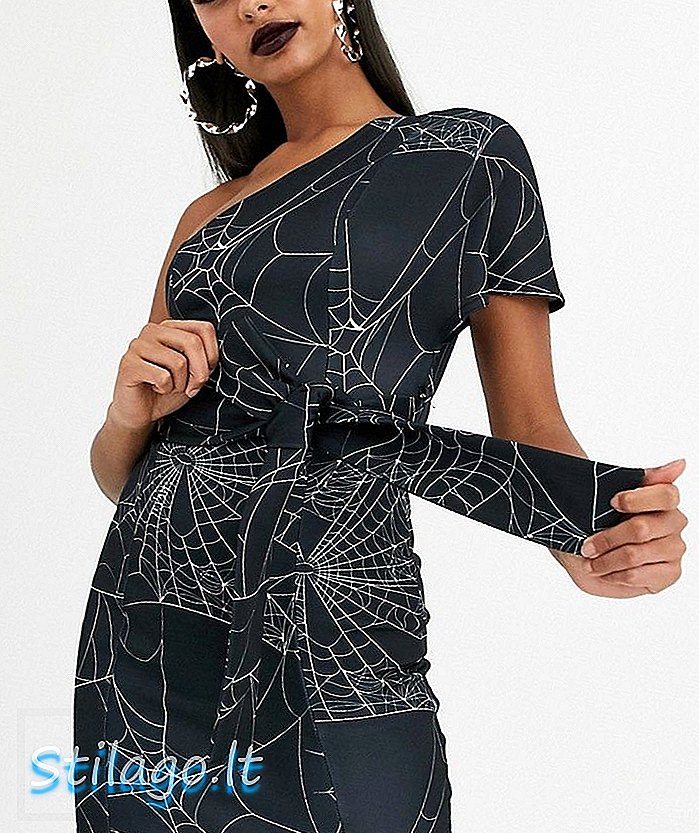 ASOS DESIGN Halloween - Mini-jurk met blote schouder en strikdetail in spinnenwebprint - Multi