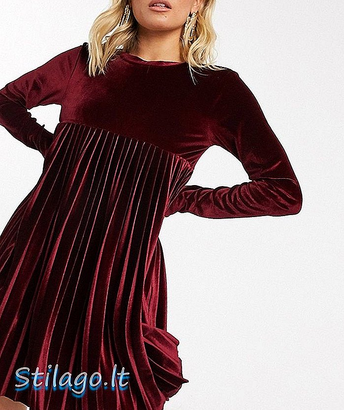 Kadife-Kırmızı ASOS DESIGN uzun kollu pilili önlük mini elbise