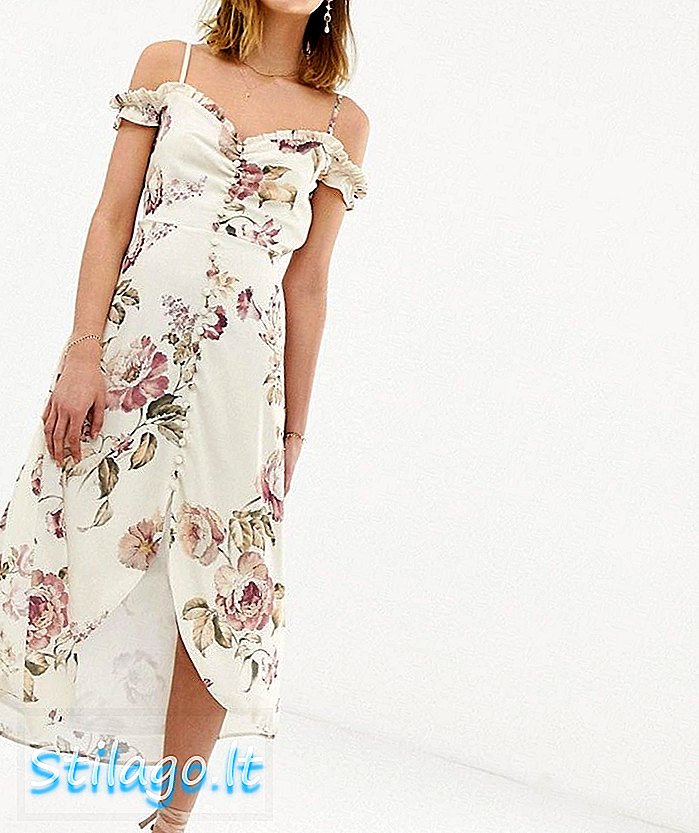 Hope & Ivy ruffle hladna ramena visoka niska midi haljina u krem ​​cvjetnoj-Multi