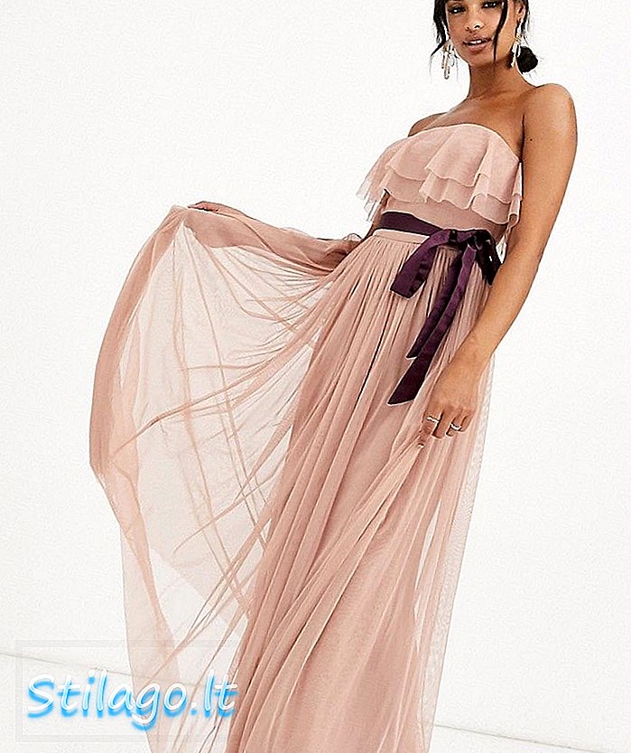 Dress anaya With Love bandeau maxi tulle dengan pinggang yang kontras dengan warna burgundy-Red