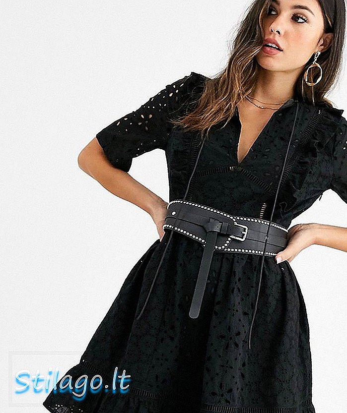 ASOS DESIGN ברודרי שמלת מיני קדמית עם חגורה שחורה