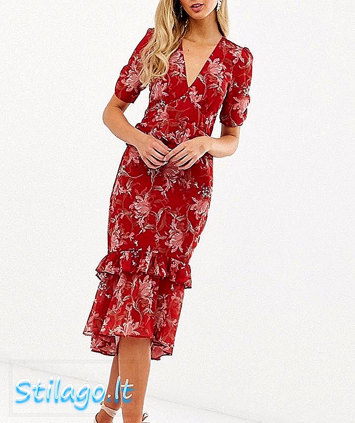 Hope & Ivy cvjetni kratki rukav ruffle detalj midi haljina-crvena