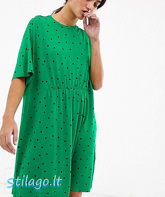 Monki - Jersey mini-aangerimpelde jurk met driehoekige stippen in groen