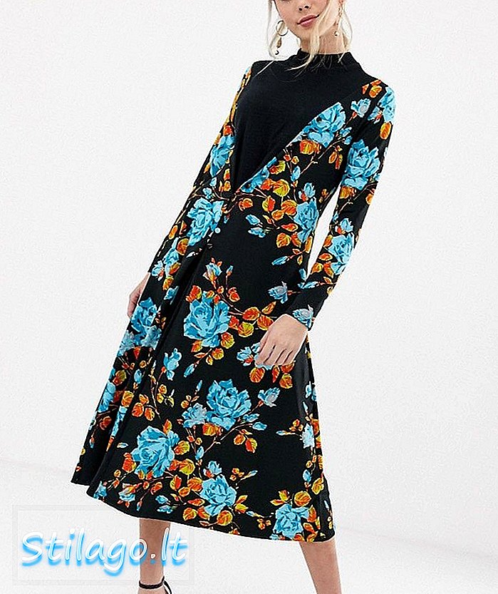 ASOS DESIGN - Midi-jurk met bloemenprint, gemengde stof en knopen aan de voorkant - Multi