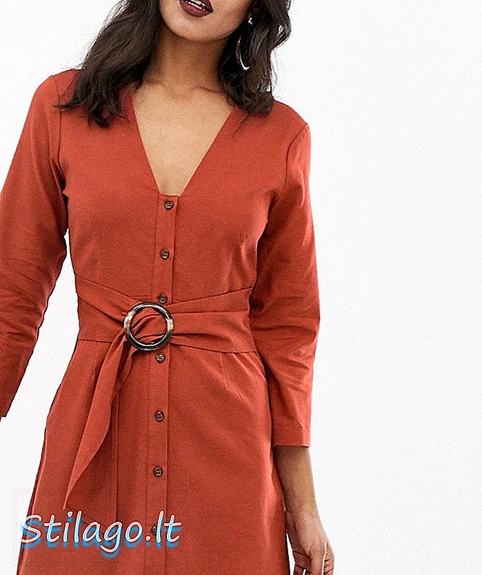 Butang kasual ASOS DESIGN melalui gaun mini dengan perincian tali pinggang-Merah