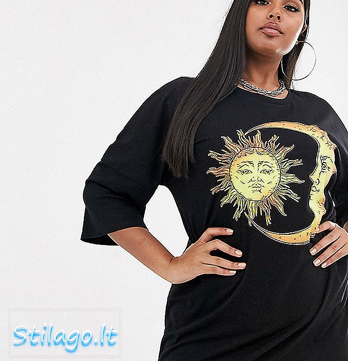 Rokoko Plus 태양과 달 그래픽이있는 오버 사이즈 티셔츠 드레스-블랙