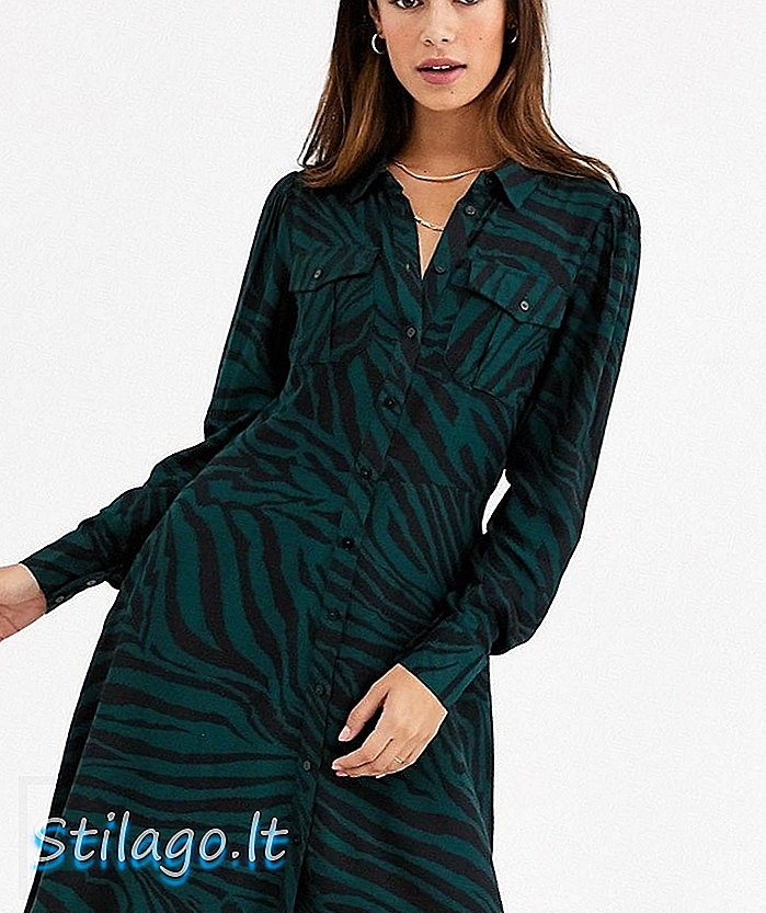 Gaun baju kemeja cetak zebra berwarna hijau-Multi