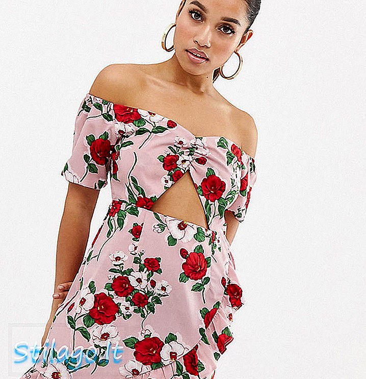 Boohoo Petite bardot mini-jurk met uitgesneden details in roze bloemen-Multi