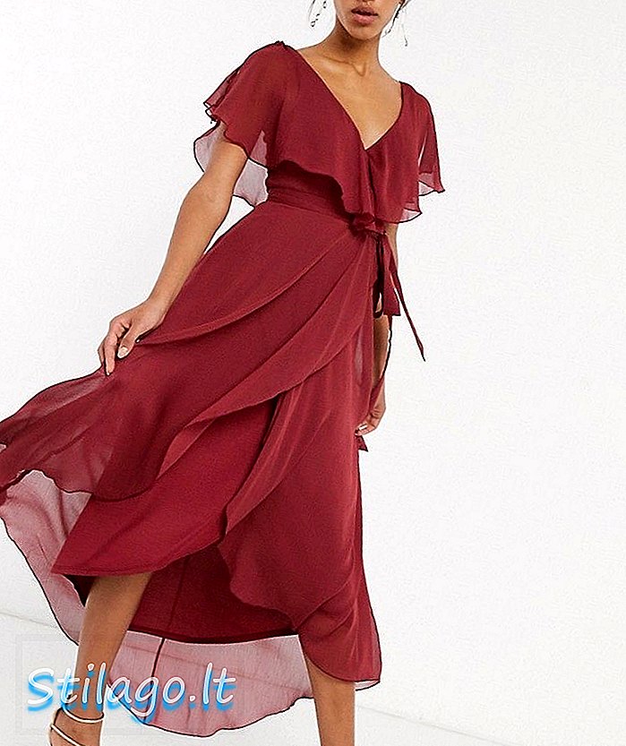 ASOS DESIGN chia tay áo cape lại nhúng váy maxi viền có dây buộc vai-Đỏ