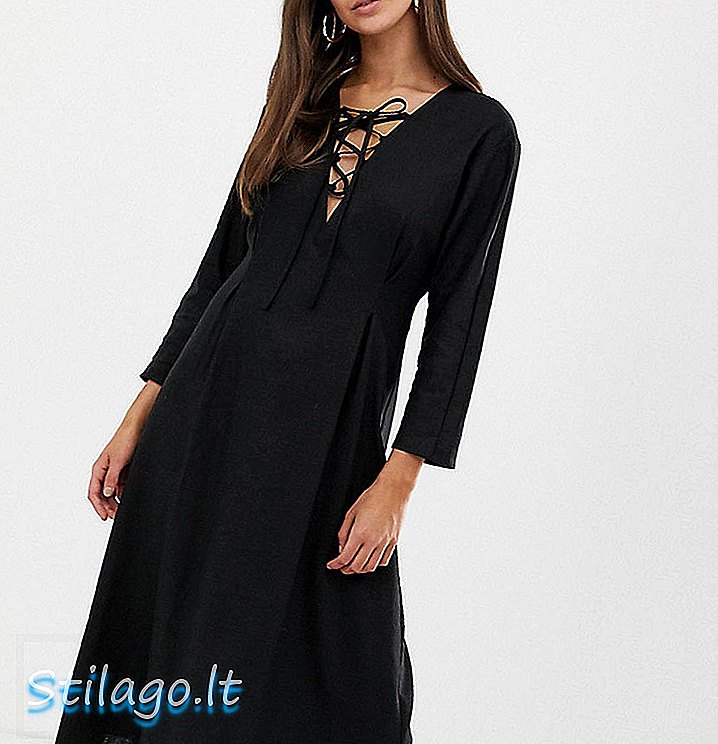 ASOS DESIGN Tall Lace Up φόρεμα μεσαίου μεγέθους σε λινό-Μαύρο
