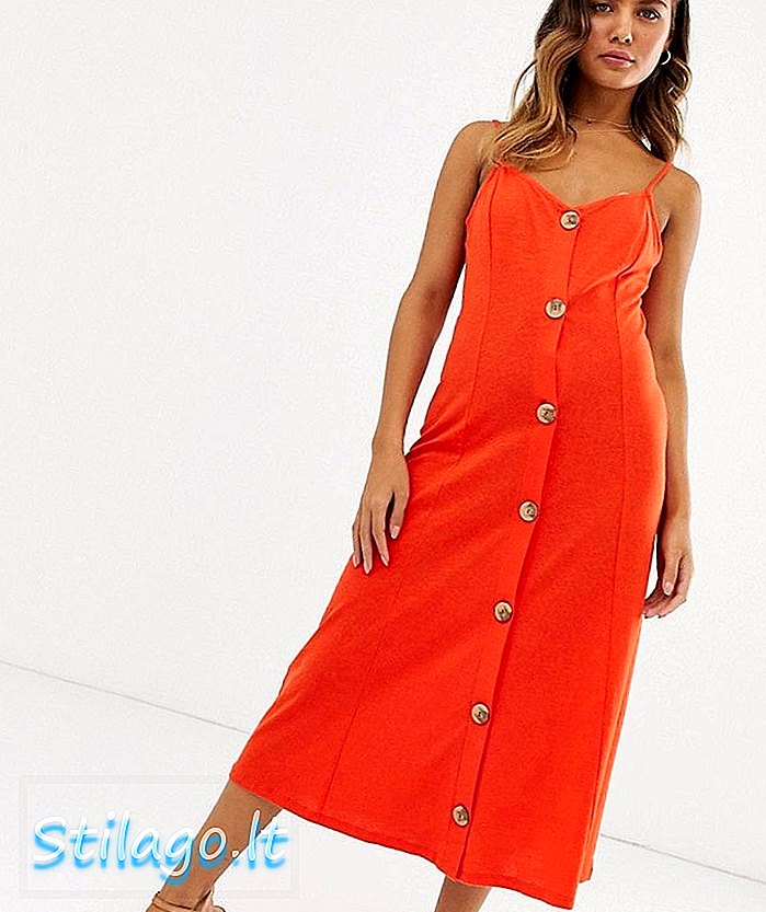 ASOS DESIGN midi slubby cami swingové šaty s umelými drevenými gombíkmi - červená