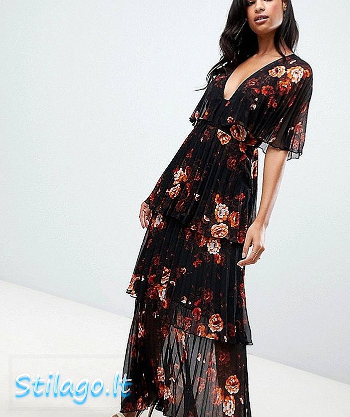 ASOS DESIGN мека плисирана многоетажна рокля в тъмен флорален принт-Multi