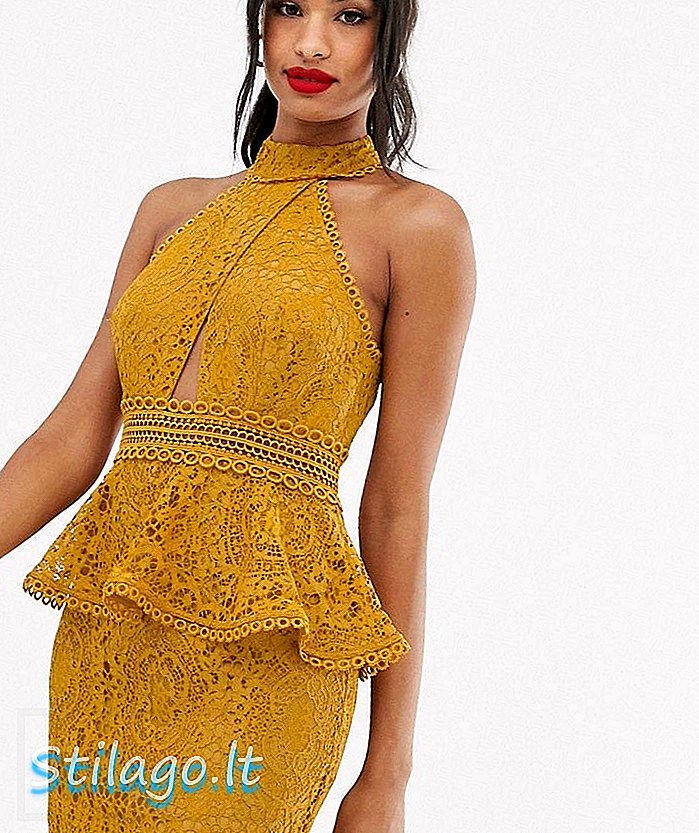 שמלת מיני של ASOS DESIGN עם צוואר גבוה וגזרת תחרה עם פפלום-זהב