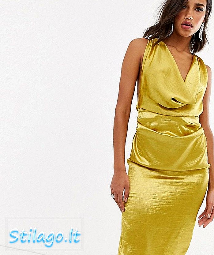 Vestido a media pierna con cuello vuelto drapeado de ASOS DESIGN en verde satinado de alto brillo