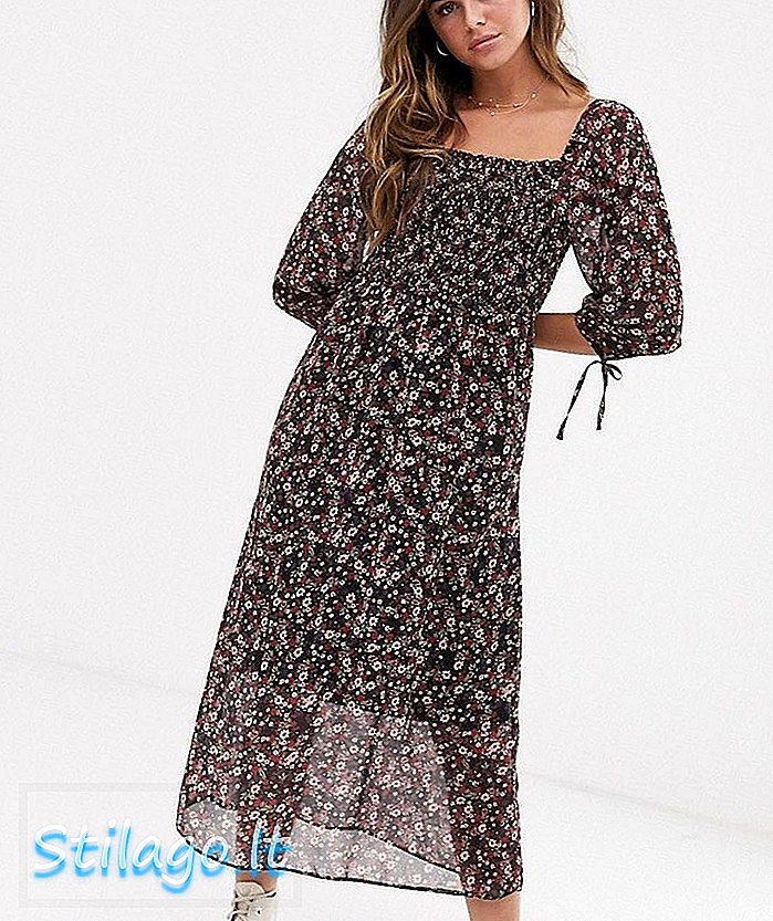 New Look shirred leher midi dress dalam print floral ditsy-Multi