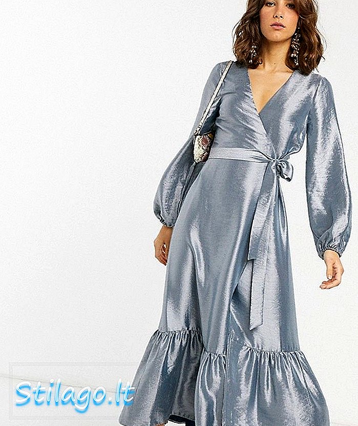 ASOS DESIGN membungkus gaun midi dalam warna metalik taffeta-Grey