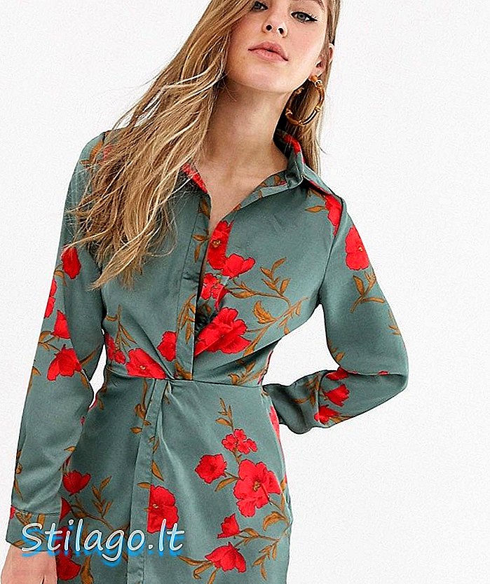 Pařížský uzel přední košile šaty v květinovém tisku zelené
