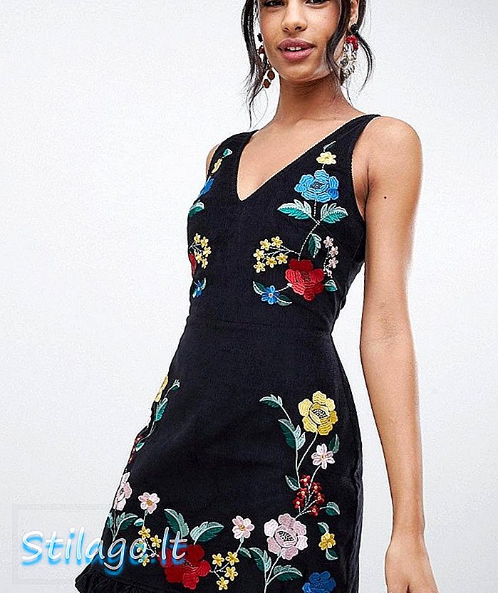 „ASOS DESIGN“ suknelė virve su gėlių siuvinėjimais - juoda