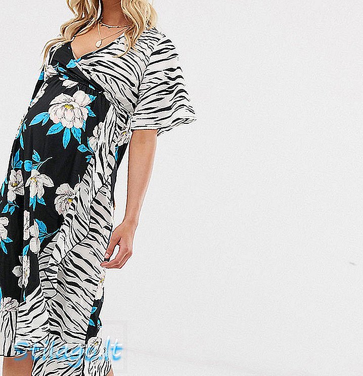 फ्लोरल ज़ेबरा प्रिंट मिक्स-ब्लैक में इन्फ्लुएंस मैटरनिटी मिडी रैप ड्रेस