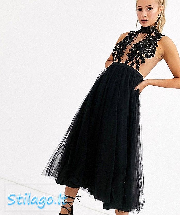 Wiecznie wyjątkowa tiulowa sukienka midi z aplikacją w kolorze czarnym