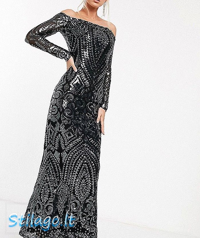 Goddiva bandeau maxi dress dalam payet arang-Hitam