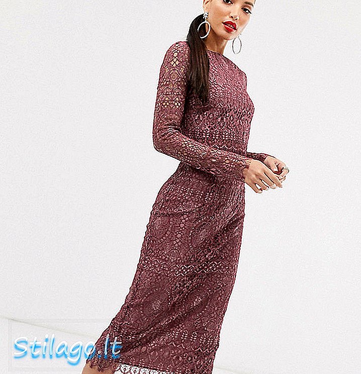 ASOS DESIGN Wysoka koronkowa sukienka midi z długimi rękawami - fiolet